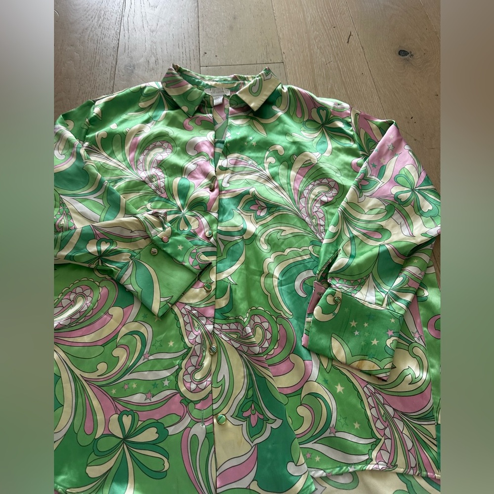 House of Harlow 1960 Green, Pink & Cream Swirl Button-Up Shirt